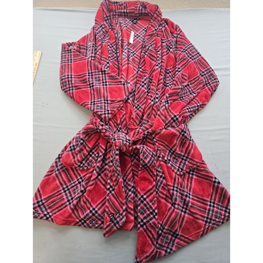 Victorias Secret Red Plaid Plush Short Robe Fleece Wrap M/L New